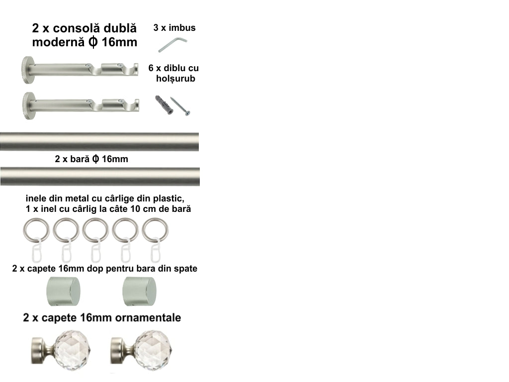 Galerie Metalică Cristal, dublă, modernă, cu inele, 16mm, satin nichel (argintiu mat)