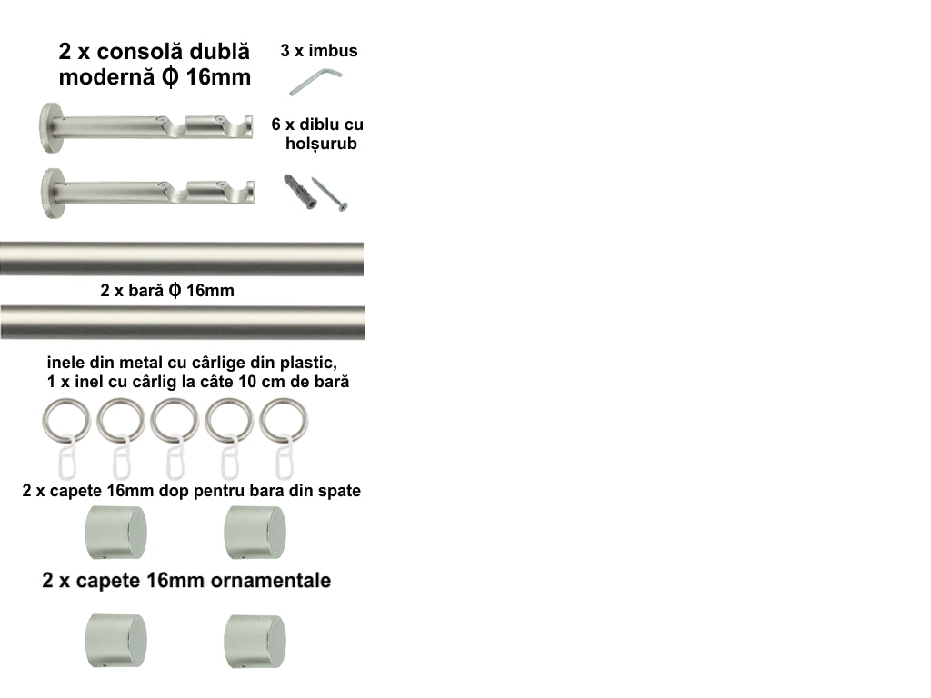 Galerie Metalică Luna, dublă, modernă, cu inele, 16mm, satin nichel (argintiu mat)