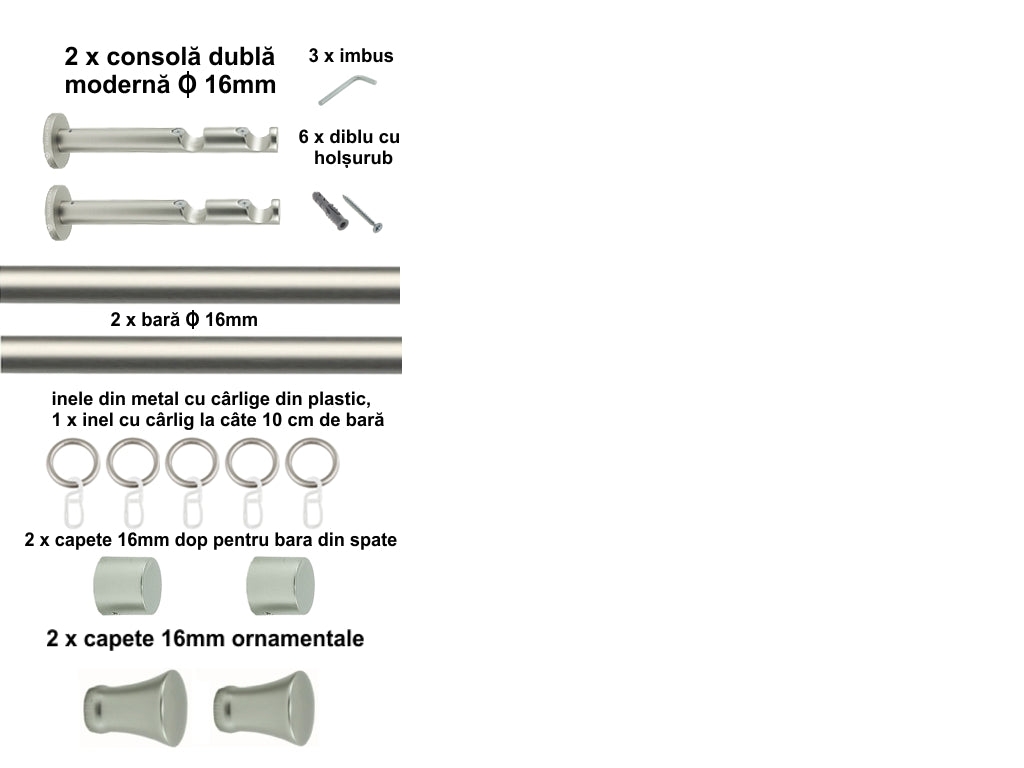 Galerie Metalică Monaco, dublă, modernă, cu inele, 16mm, satin nichel (argintiu mat)