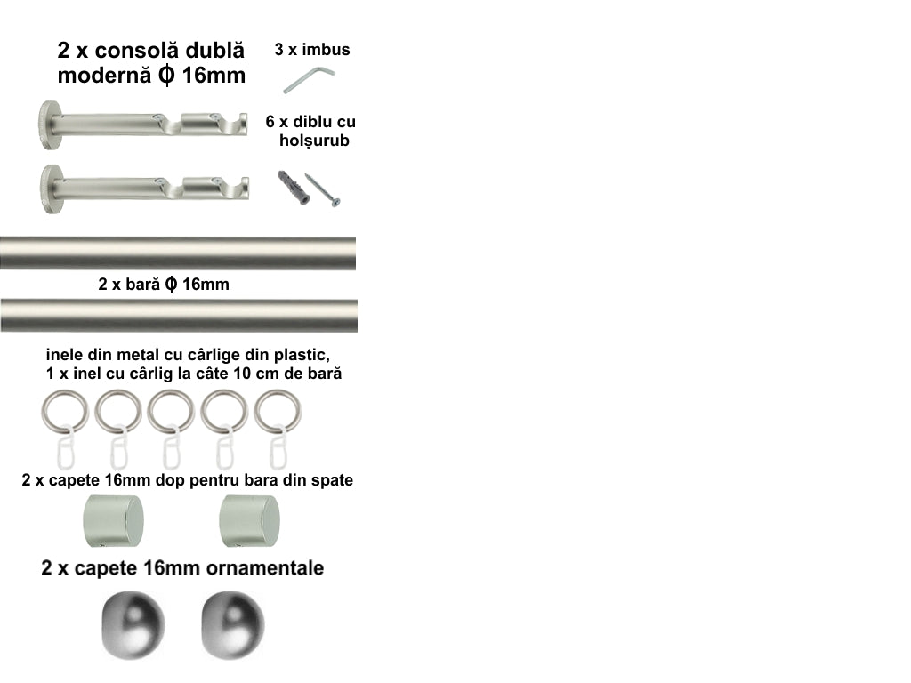 Galerie Metalică Terra, dublă, modernă, cu inele, 16mm, satin nichel (argintiu mat)