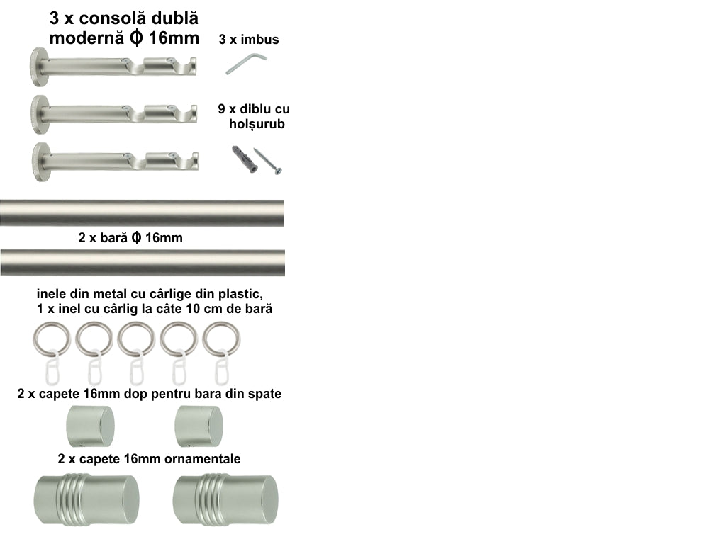 Galerie Metalică Celtex, dublă, modernă, cu inele, 16mm, satin nichel (argintiu mat)