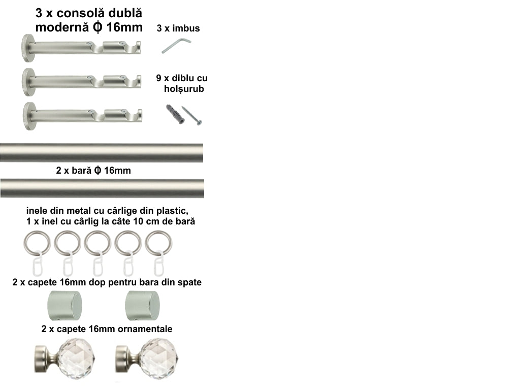 Galerie Metalică Cristal, dublă, modernă, cu inele, 16mm, satin nichel (argintiu mat)