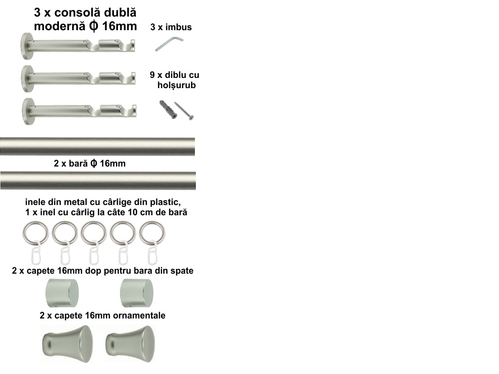 Galerie Metalică Monaco, dublă, modernă, cu inele, 16mm, satin nichel (argintiu mat)