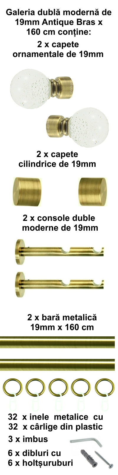 Galerie Metalică Buble, dublă, modernă, cu inele, 19mm, antique brass (auriu antic)