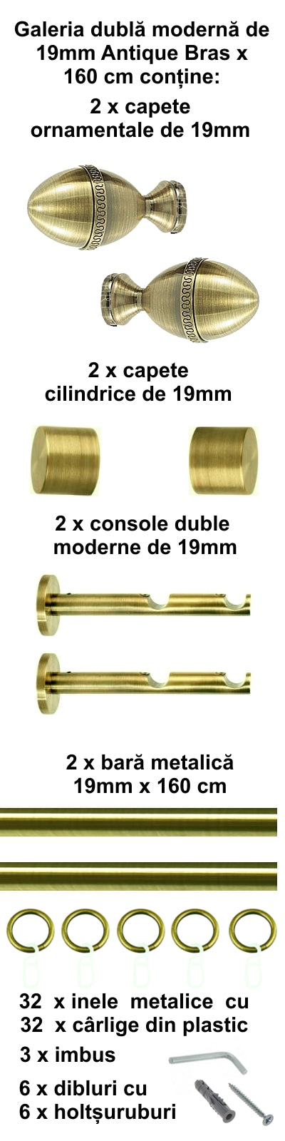 Galerie Metalică Cezar, dublă, modernă, cu inele, 19mm, antique brass (auriu antic)