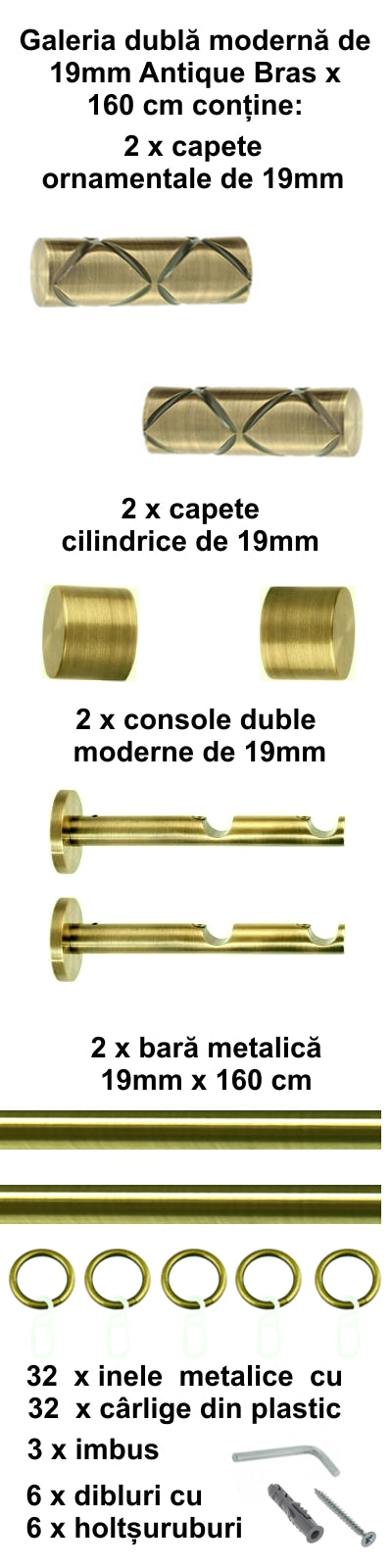 Galerie Metalică Ciel, dublă, modernă, cu inele, 19mm, antique brass (auriu antic)