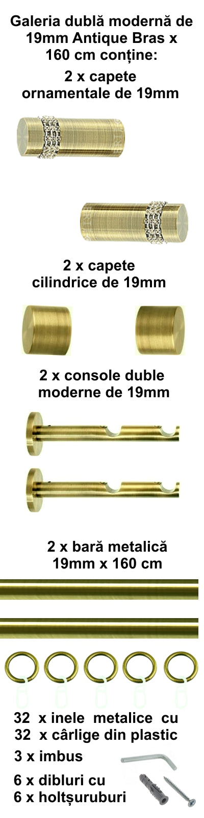 Galerie Metalică Dios, dublă, modernă, cu inele, 19mm, antique brass (auriu antic)