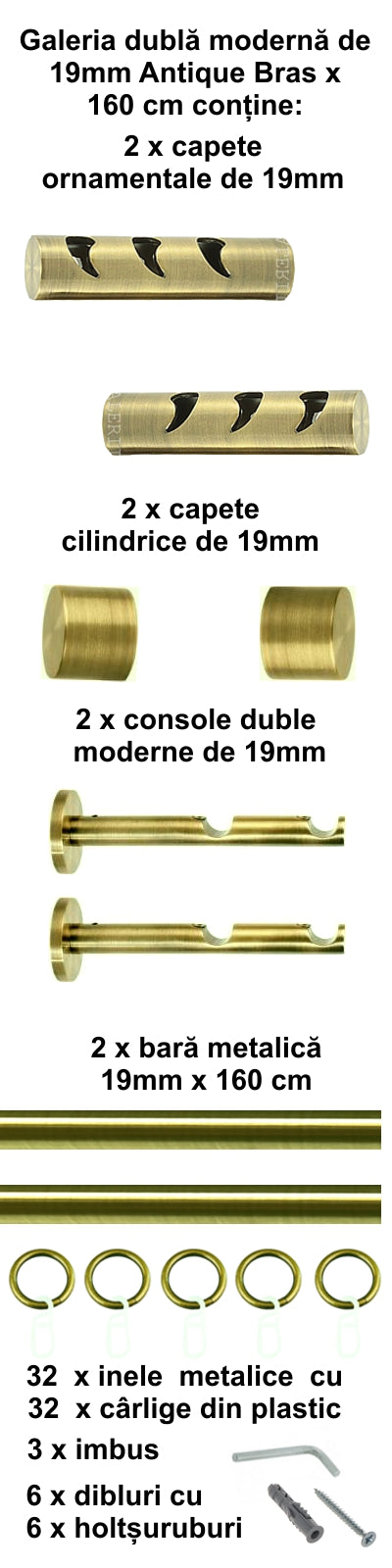 Galerie Metalică Drop, dublă, modernă, cu inele, 19mm, antique brass (auriu antic)