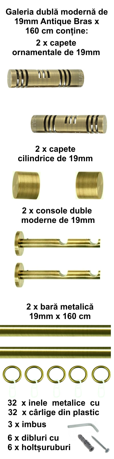 Galerie Metalică Elis, dublă, modernă, cu inele, 19mm, antique brass (auriu antic)