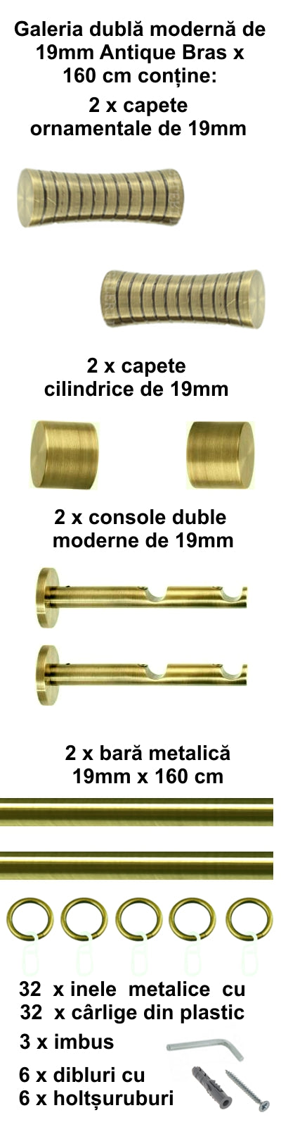 Galerie Metalică Febris, dublă, modernă, cu inele, 19mm, antique brass (auriu antic)