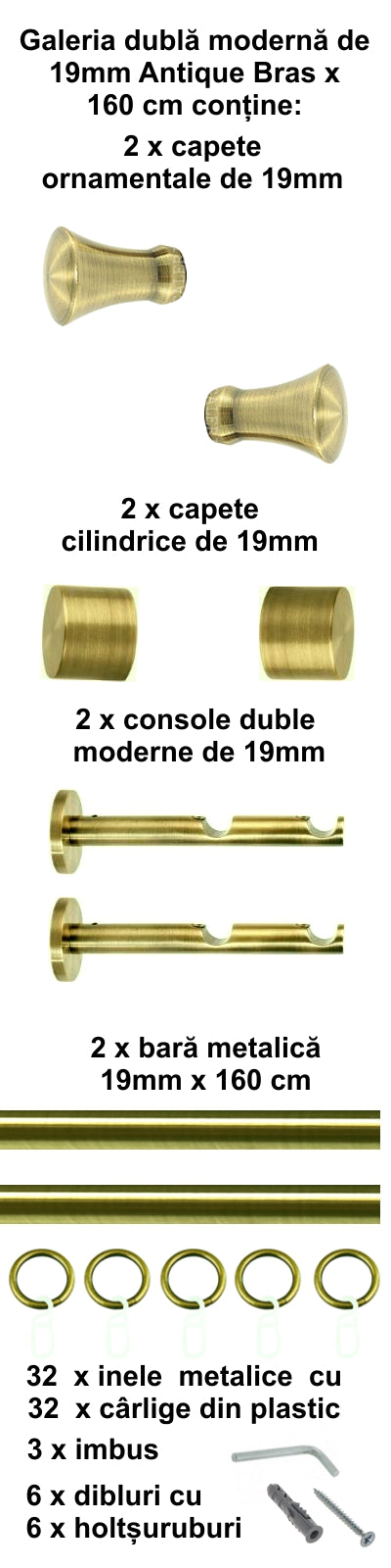 Galerie Metalică Monaco, dublă, modernă, cu inele, 19mm, antique brass (auriu antic)