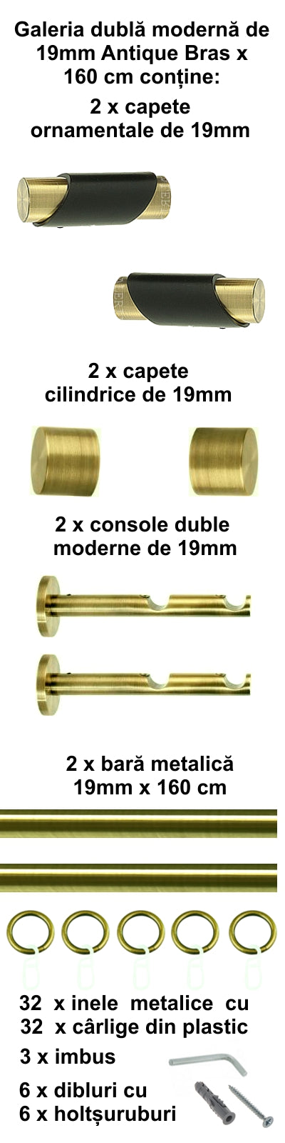 Galerie Metalică Paris, dublă, modernă, cu inele, 19mm, antique brass (auriu antic)