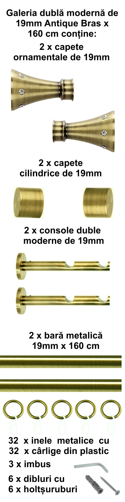 Galerie Metalică Sigma, dublă, modernă, cu inele, 19mm, antique brass (auriu antic)