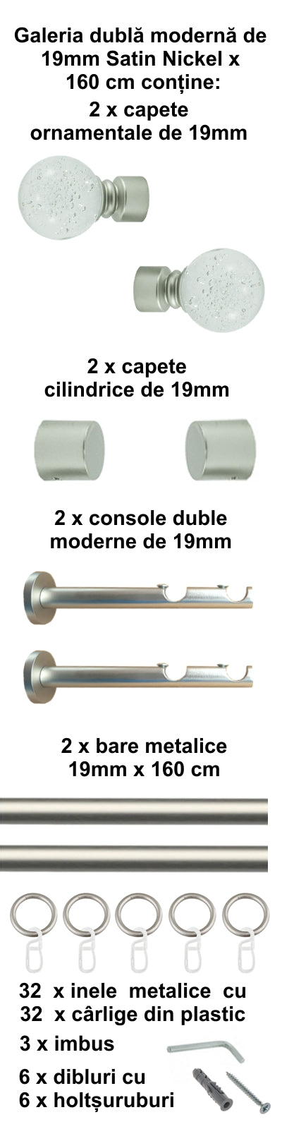 Galerie Metalică Buble, dublă, modernă, cu inele, 19mm, satin nichel (argintiu mat)