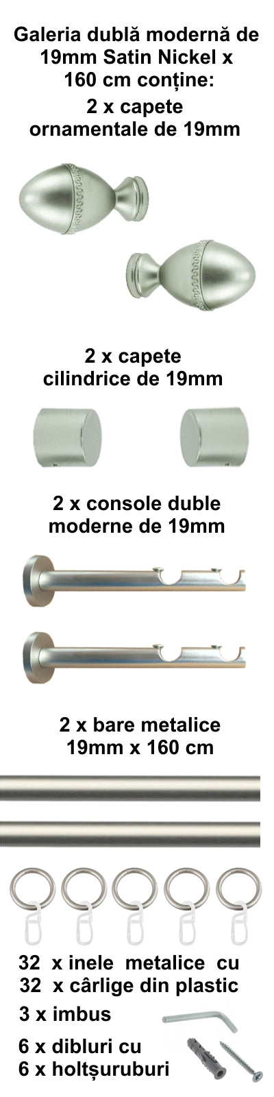 Galerie Metalică Cezar, dublă, modernă, cu inele, 19mm, satin nichel (argintiu mat)
