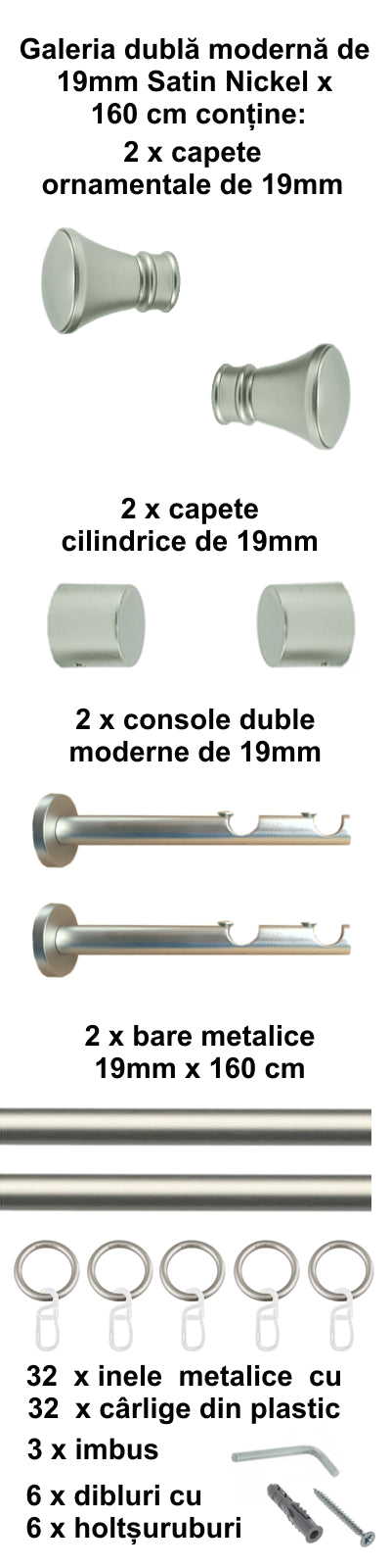 Galerie Metalică Conic, dublă, modernă, cu inele, 19mm, satin nichel (argintiu mat)