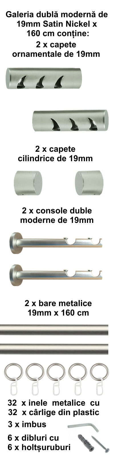 Galerie Metalică Drop, dublă, modernă, cu inele, 19mm, satin nichel (argintiu mat)