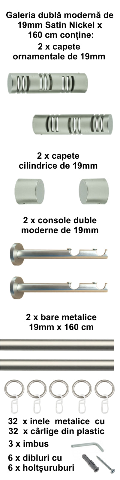Galerie Metalică Elis, dublă, modernă, cu inele, 19mm, satin nichel (argintiu mat)