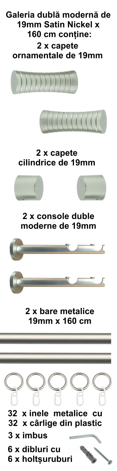 Galerie Metalică Febris, dublă, modernă, cu inele, 19mm, satin nichel (argintiu mat)