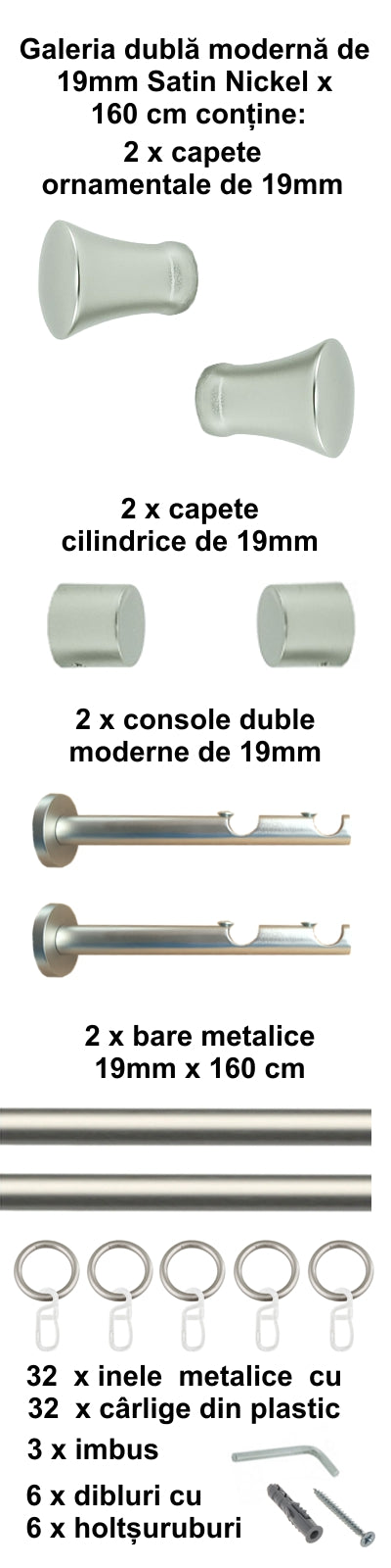 Galerie Metalică Monaco, dublă, modernă, cu inele, 19mm, satin nichel (argintiu mat)