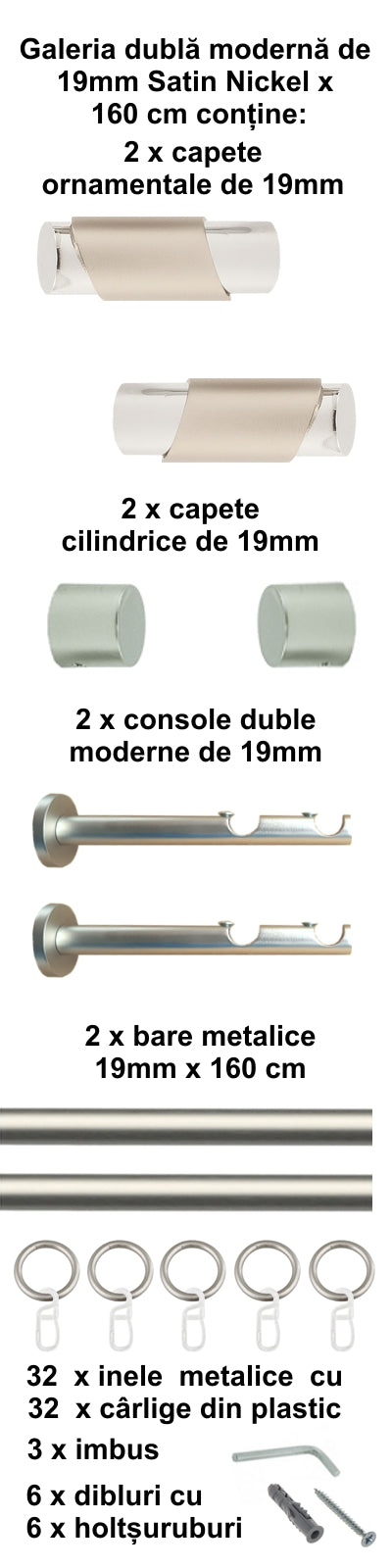 Galerie Metalică Paris, dublă, modernă, cu inele, 19mm, satin nichel (argintiu mat)