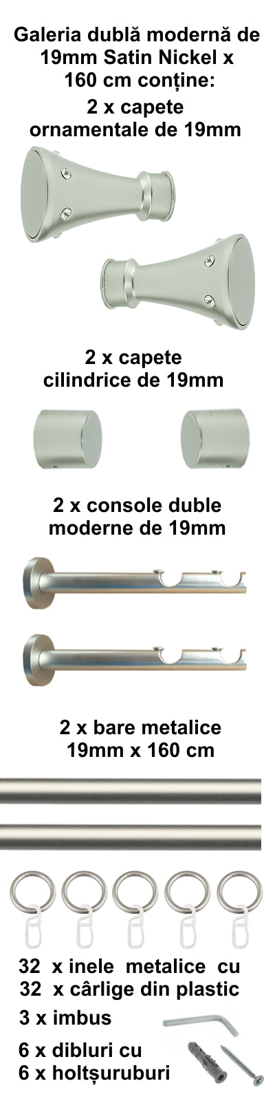 Galerie Metalică Sigma, dublă, modernă, cu inele, 19mm, satin nichel (argintiu mat)