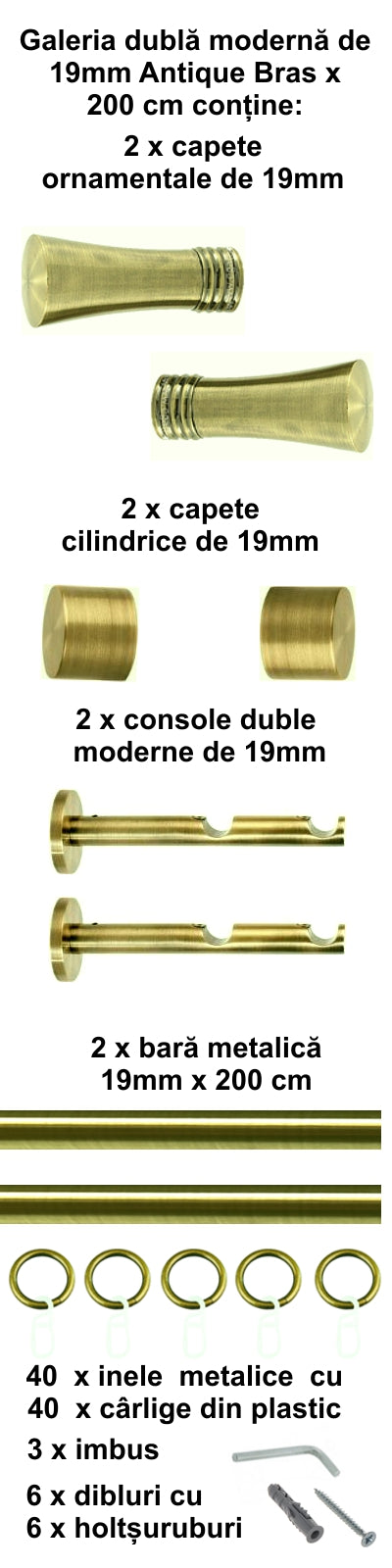Galerie Metalică Ahile, dublă, modernă, cu inele, 19mm, antique brass (auriu antic)