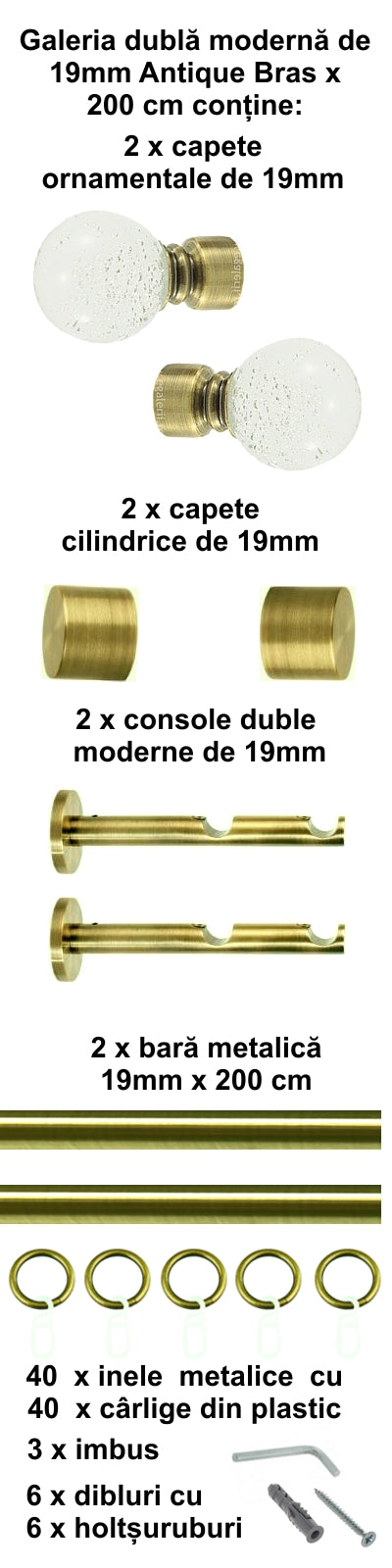 Galerie Metalică Buble, dublă, modernă, cu inele, 19mm, antique brass (auriu antic)