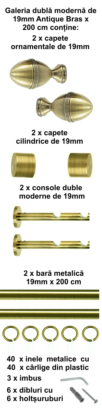 Galerie Metalică Cezar, dublă, modernă, cu inele, 19mm, antique brass (auriu antic)