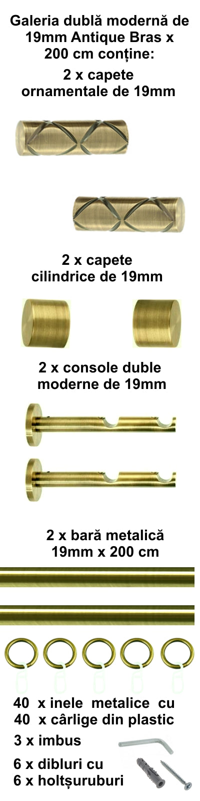 Galerie Metalică Ciel, dublă, modernă, cu inele, 19mm, antique brass (auriu antic)