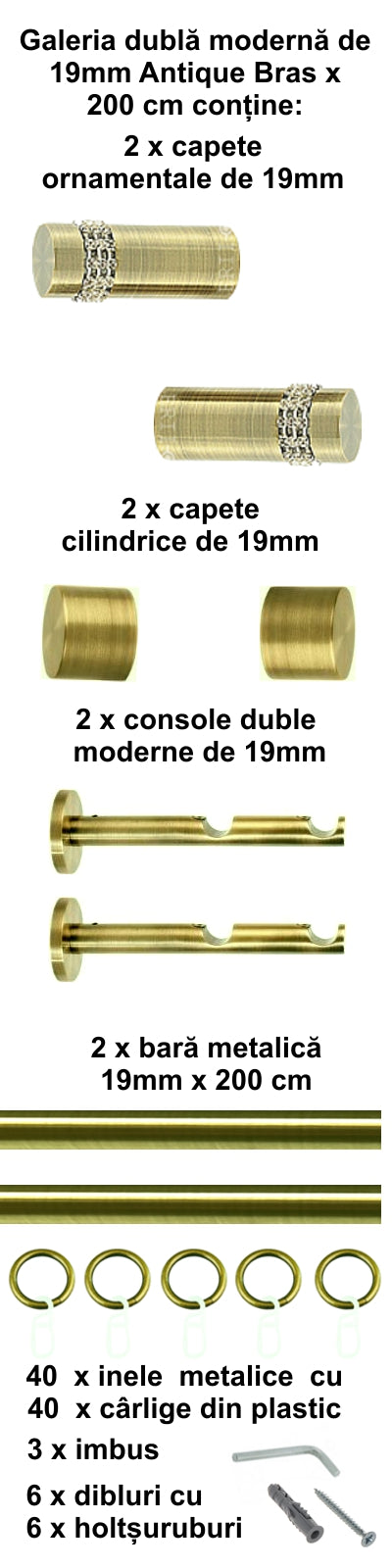 Galerie Metalică Dios, dublă, modernă, cu inele, 19mm, antique brass (auriu antic)