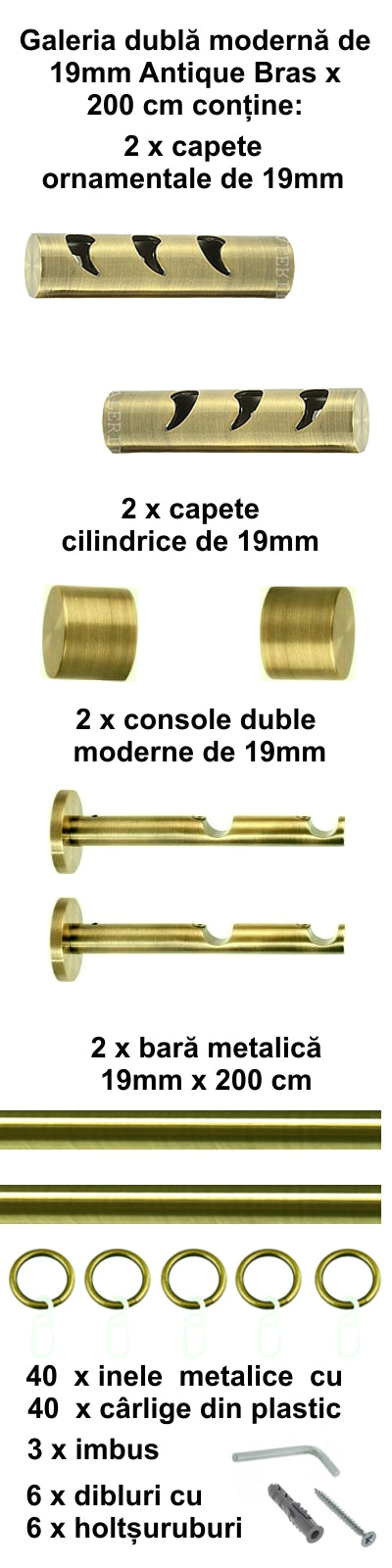 Galerie Metalică Drop, dublă, modernă, cu inele, 19mm, antique brass (auriu antic)