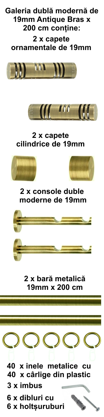 Galerie Metalică Elis, dublă, modernă, cu inele, 19mm, antique brass (auriu antic)