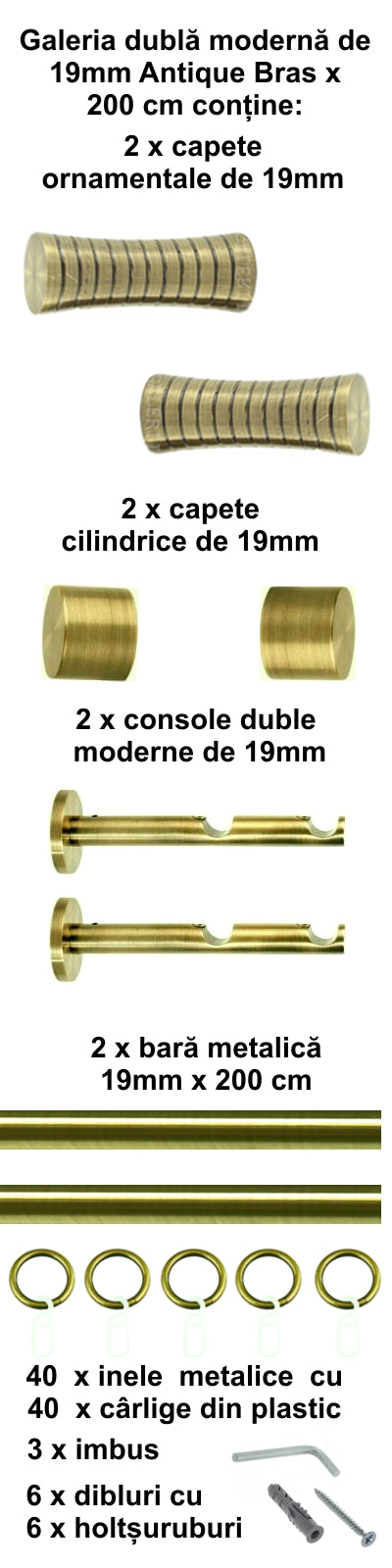 Galerie Metalică Febris, dublă, modernă, cu inele, 19mm, antique brass (auriu antic)