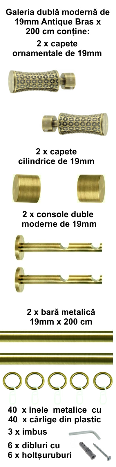 Galerie Metalică Jaris, dublă, modernă, cu inele, 19mm, antique brass (auriu antic)