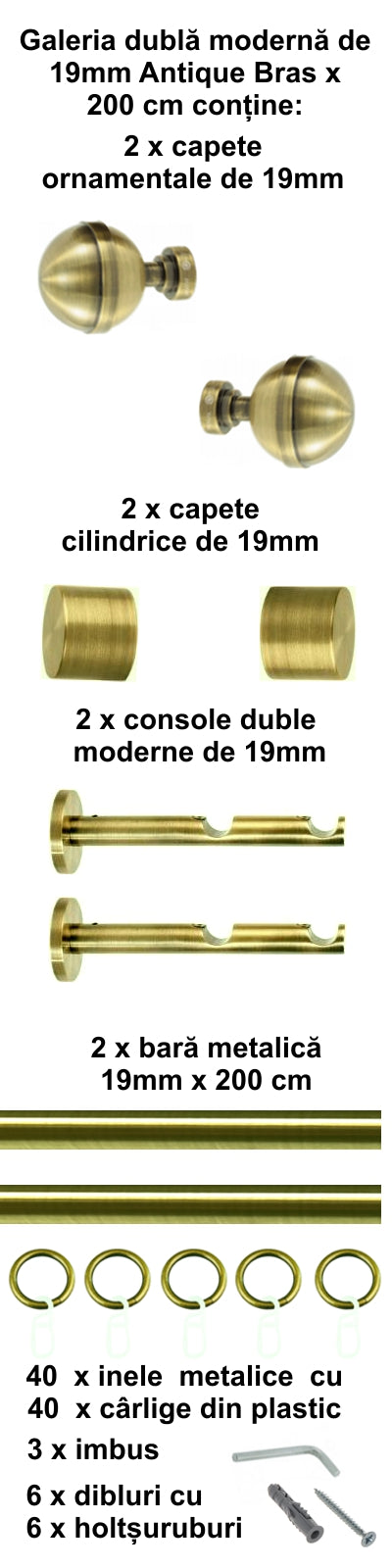 Galerie Metalică Kalisto, dublă, modernă, cu inele, 19mm, antique brass (auriu antic)