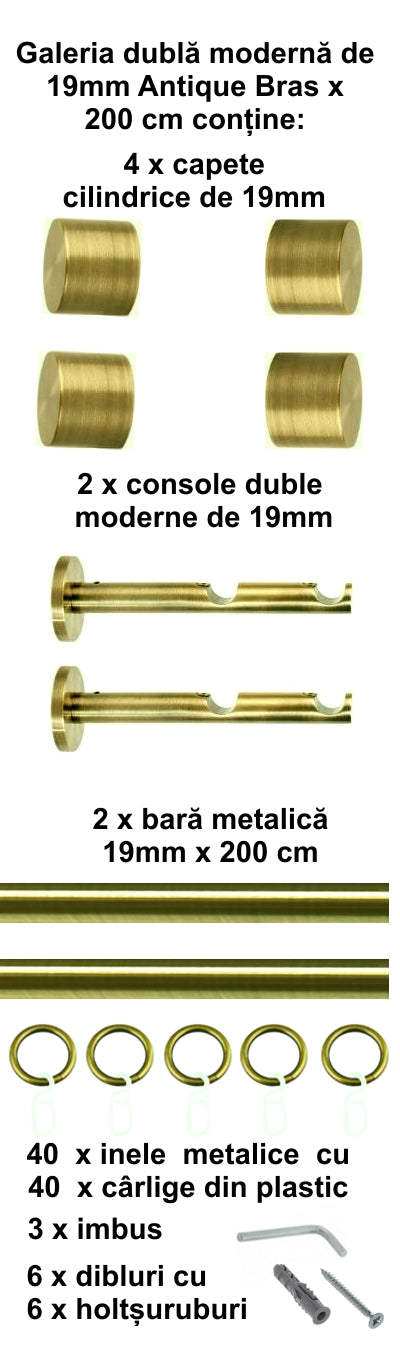 Galerie Metalică Luna, dublă, modernă, cu inele, 19mm, antique brass (auriu antic)
