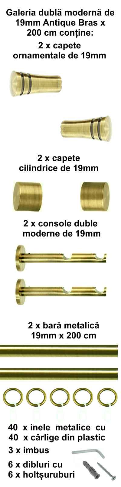Galerie Metalică Paola, dublă, modernă, cu inele, 19mm, antique brass (auriu antic)