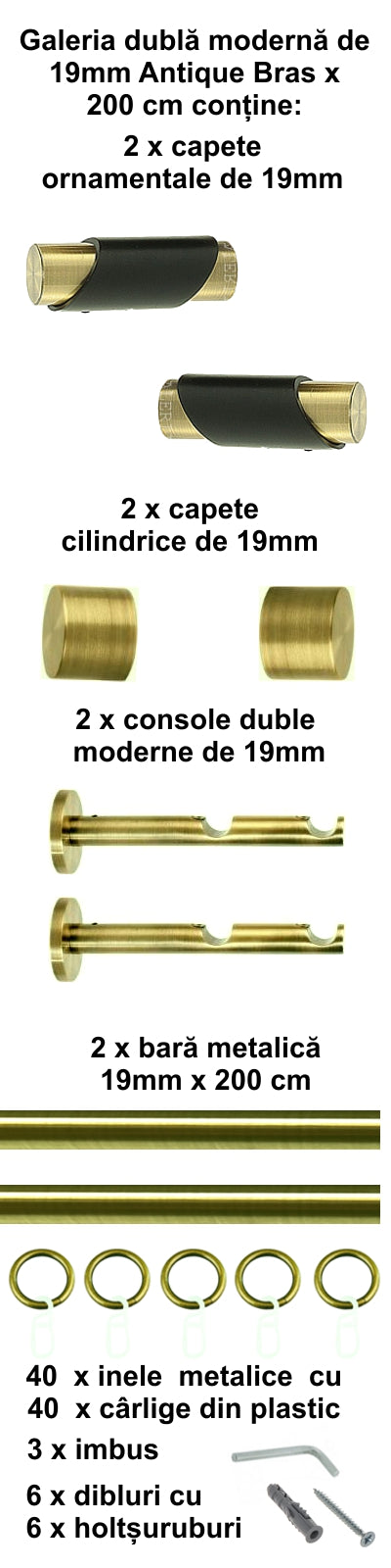 Galerie Metalică Paris, dublă, modernă, cu inele, 19mm, antique brass (auriu antic)