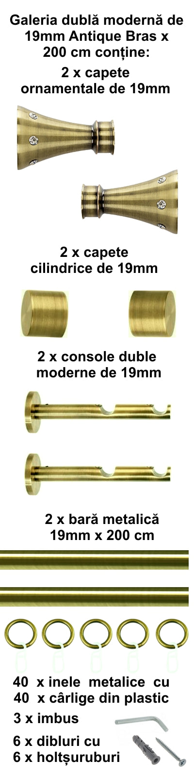 Galerie Metalică Sigma, dublă, modernă, cu inele, 19mm, antique brass (auriu antic)