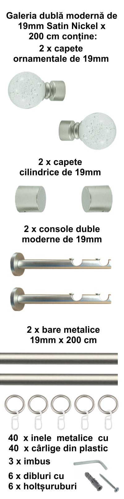 Galerie Metalică Buble, dublă, modernă, cu inele, 19mm, satin nichel (argintiu mat)