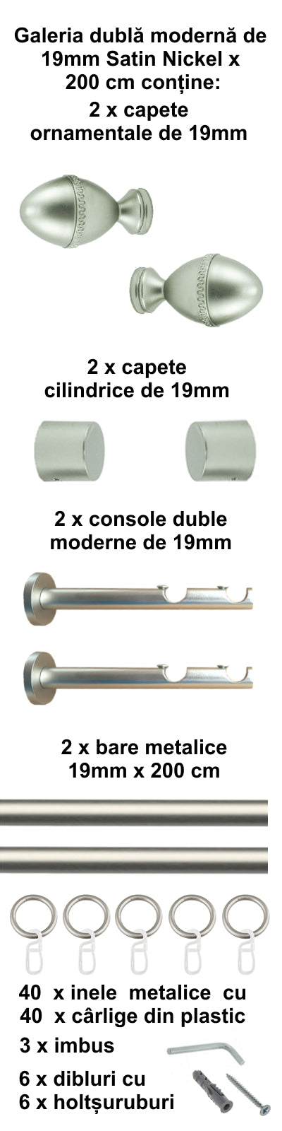 Galerie Metalică Cezar, dublă, modernă, cu inele, 19mm, satin nichel (argintiu mat)
