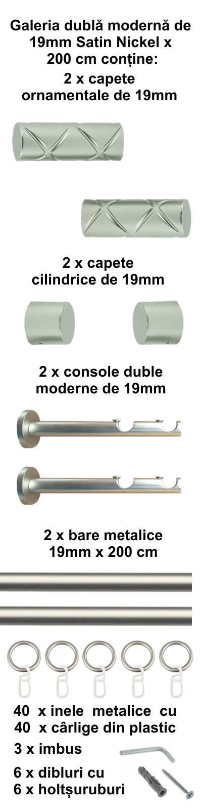 Galerie Metalică Ciel, dublă, modernă, cu inele, 19mm, satin nichel (argintiu mat)
