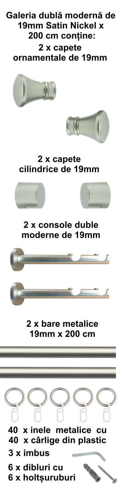 Galerie Metalică Conic, dublă, modernă, cu inele, 19mm, satin nichel (argintiu mat)