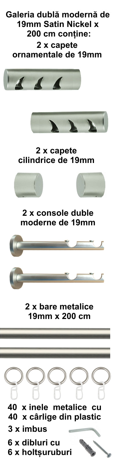 Galerie Metalică Drop, dublă, modernă, cu inele, 19mm, satin nichel (argintiu mat)