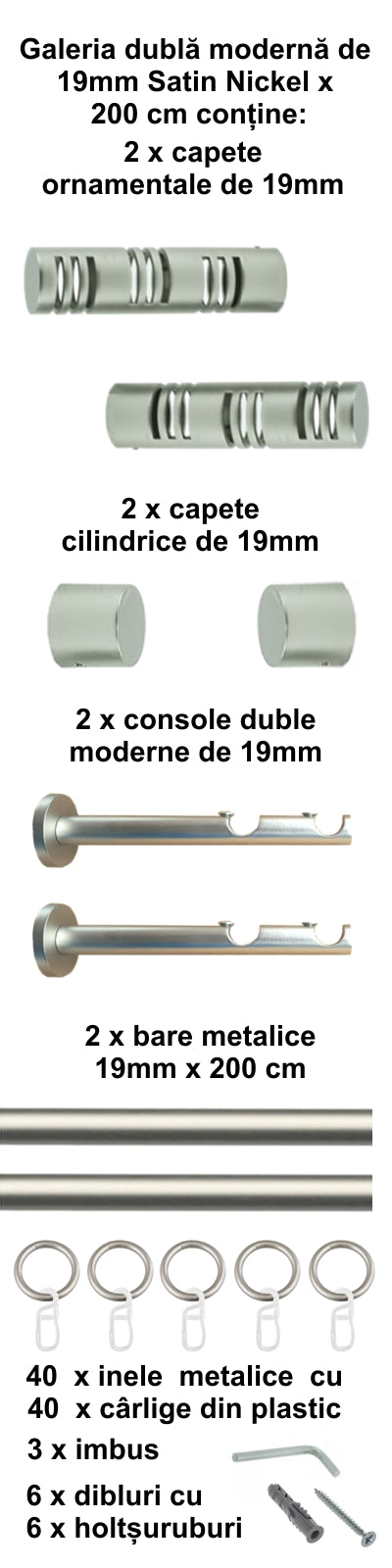Galerie Metalică Elis, dublă, modernă, cu inele, 19mm, satin nichel (argintiu mat)