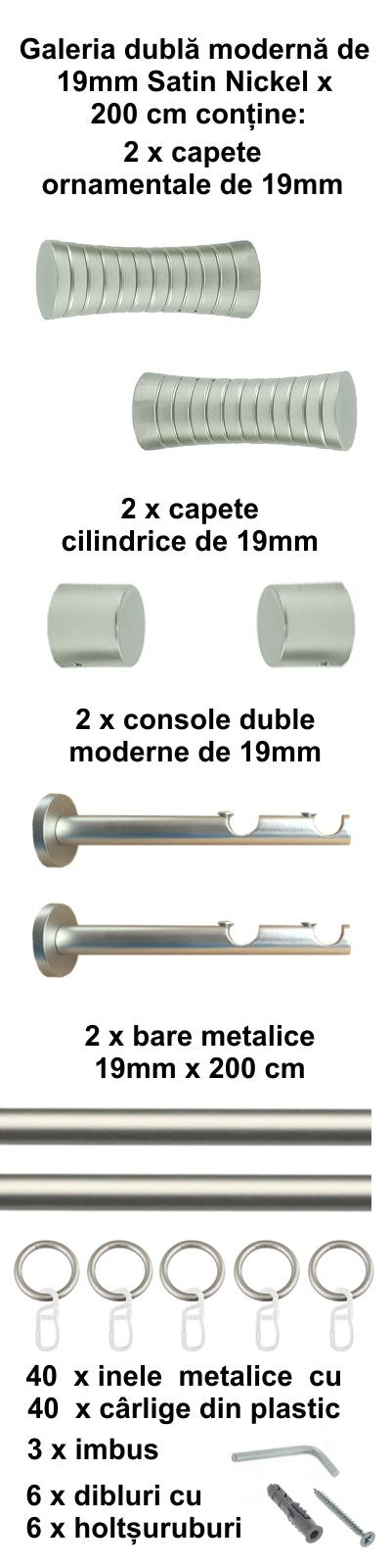 Galerie Metalică Febris, dublă, modernă, cu inele, 19mm, satin nichel (argintiu mat)