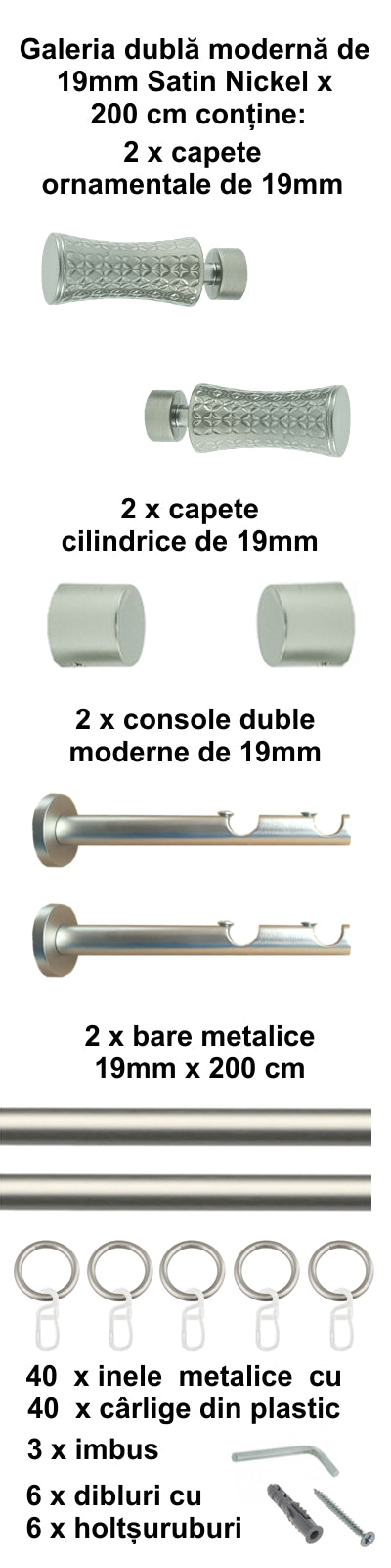 Galerie Metalică Jaris, dublă, modernă, cu inele, 19mm, satin nichel (argintiu mat)