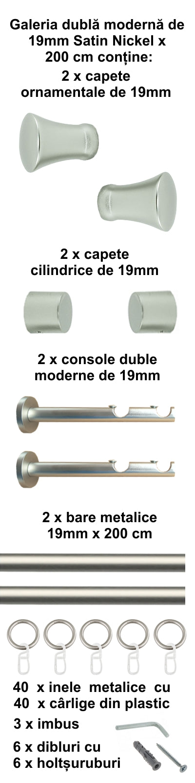 Galerie Metalică Monaco, dublă, modernă, cu inele, 19mm, satin nichel (argintiu mat)