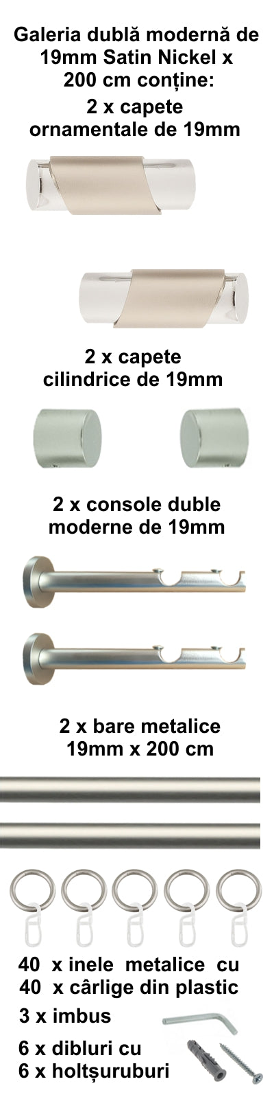 Galerie Metalică Paris, dublă, modernă, cu inele, 19mm, satin nichel (argintiu mat)